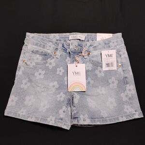 YMI Jeans Girls Small Floral Print Fray Hem Shorts, Light Blue Size 10